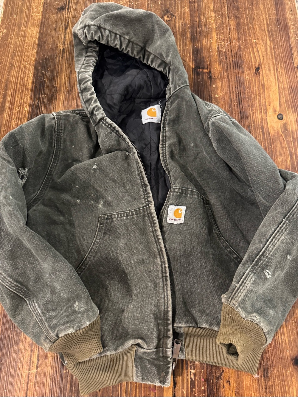 Vintage Carhartt Kids Hooded Puffer Jacket in Faded Olive Green